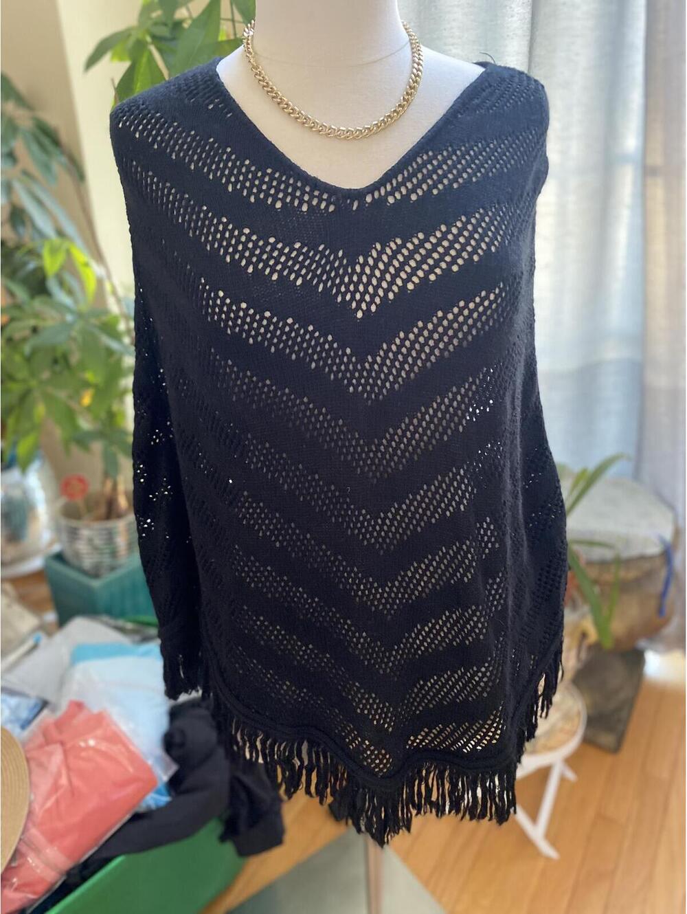 Fashion Basic Black Crochet Knit Poncho with Fringe Detail One size